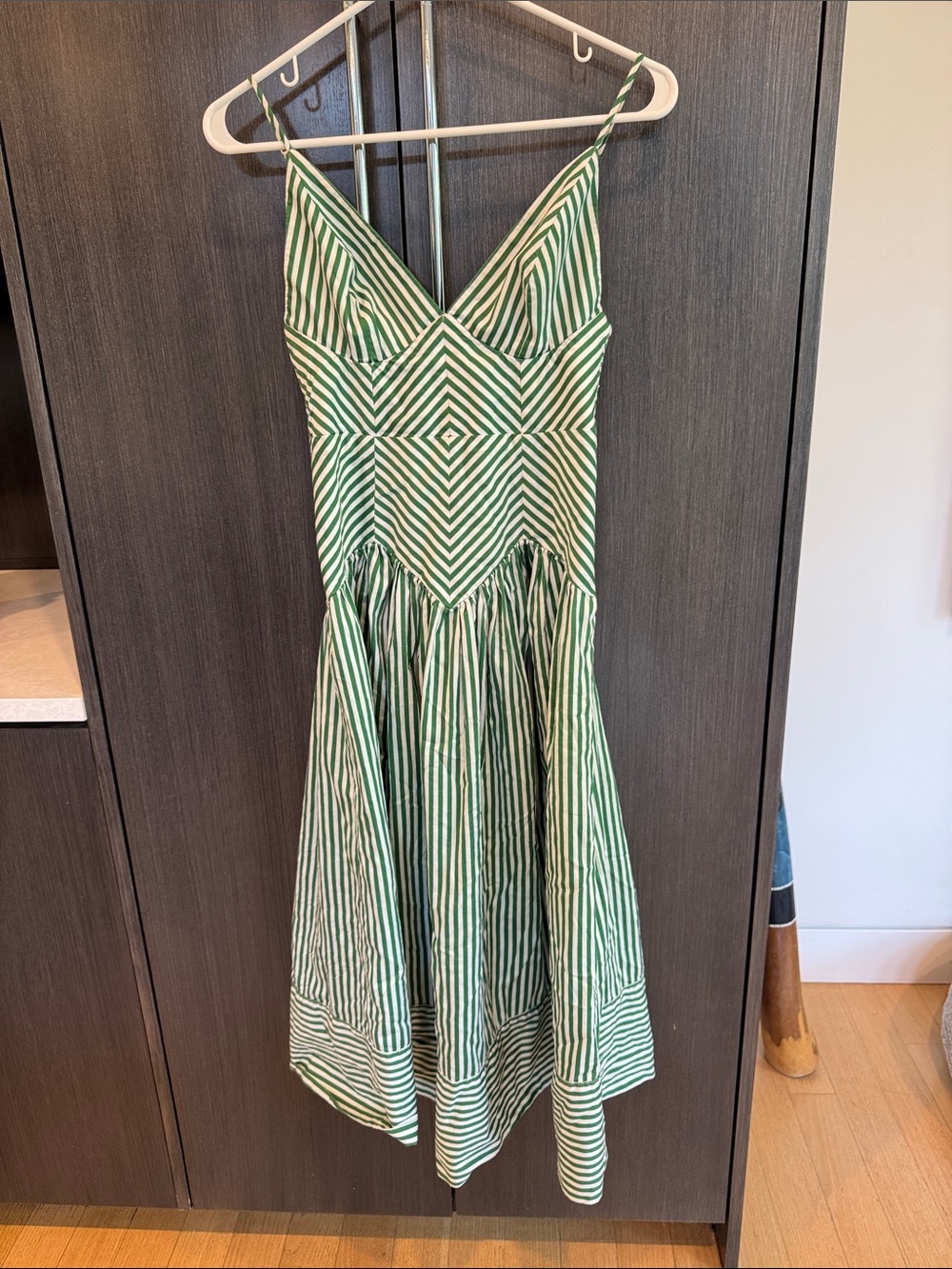 FARM Rio Green and White Striped V-Neck Midi Dress